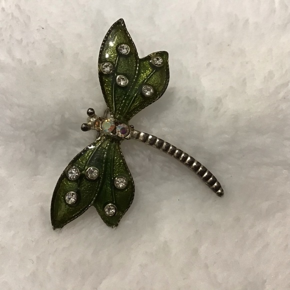 Dragonfly Green Enamel Brooch Rhinestones - Picture 2 of 4